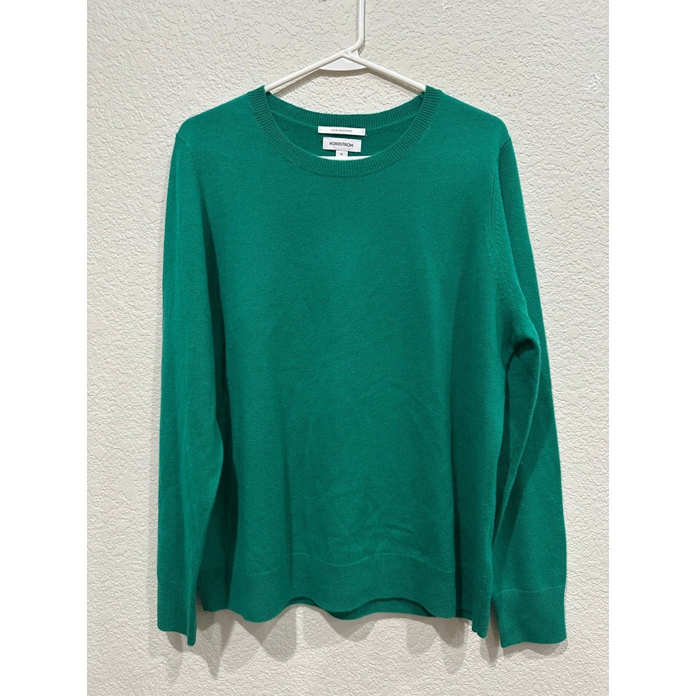 Nordstrom Women Emerald Green 100% Cashmere Crewneck Sweater XL Long Sleeve